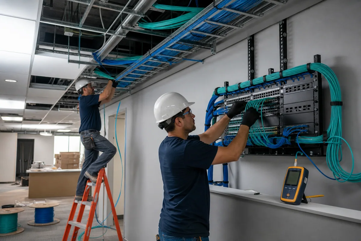 Technicians routing structured cabling through an overhead tray and terminating a commercial network patch panel
