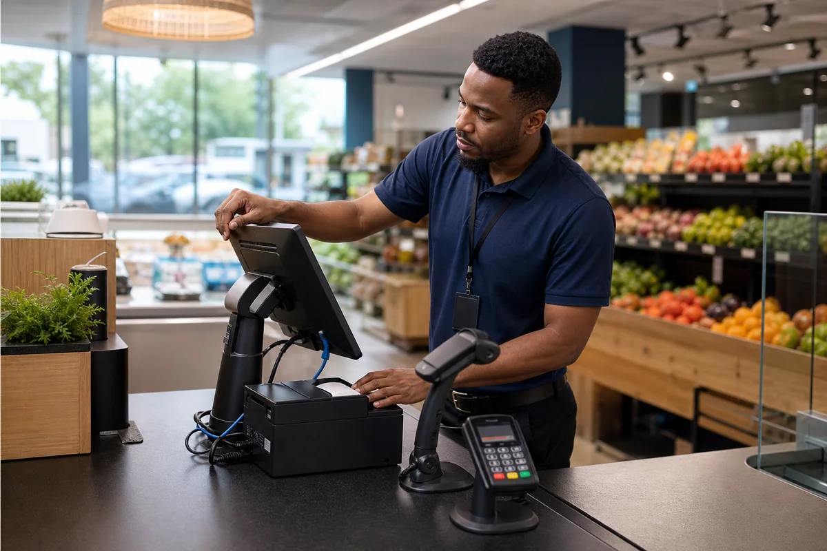 Technician configuring a point-of-sale terminal, scanner, receipt printer, and payment device in a grocery store