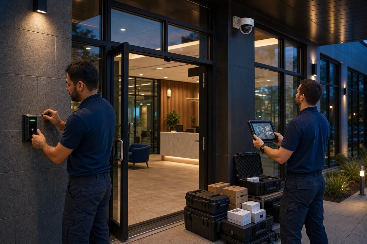 Technicians commissioning an access-control reader and validating a security camera at a commercial entrance
